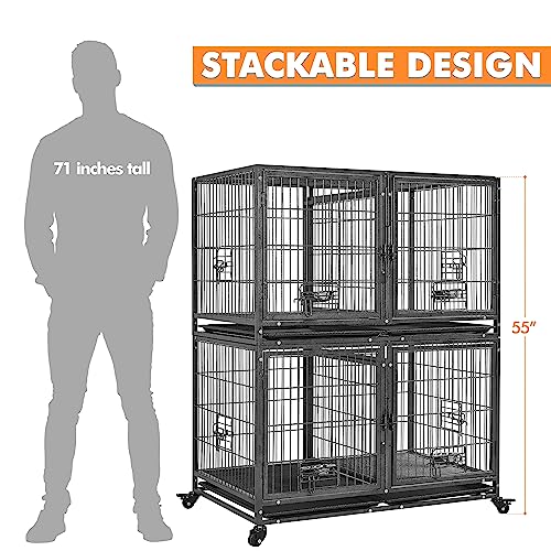 Image of Yaheetech 42.5 Inch Stackable Dog Crate with Divider Open Top 2 Pack | Heavy Duty Rolling Dog Cage, 2 Removable Trays, Lockable Wheels, Multi-Pet Enclosures for Small /Medium Dogs