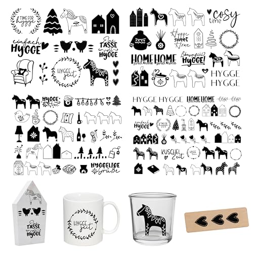 FloraVigo Rub On Sticker ca.A5 19x14cm-Spruch Deko zum Geburtstag, Keraflott, Hochzeit, Zuhause, Wischfolie für Möbel, Glas, Holz, Fotoalbum, DIY Deko, Aufkleberästhetik(4PCS) (HYGGE)