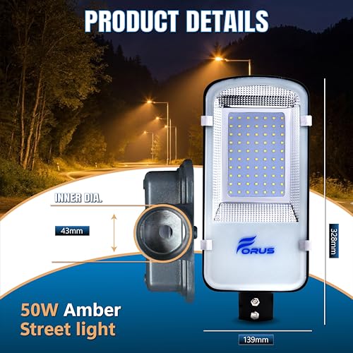 Image of Forus 50W LED Street Light with Clamp, IP66 Waterproof Outdoor LED Street Light, High Lumen 6000lm Amber, Aluminium Body for Road, Parking Lot, Garden & Industrial Outdoor Lighting (1 Pc)