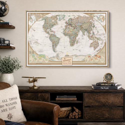 Image of Executive World Push Pin Map - National Geographic Antique Style Canvas Travel Tracker - Extra Large Framed Wall Decor - Natural Float Frame - 34 inch x 51 inch
