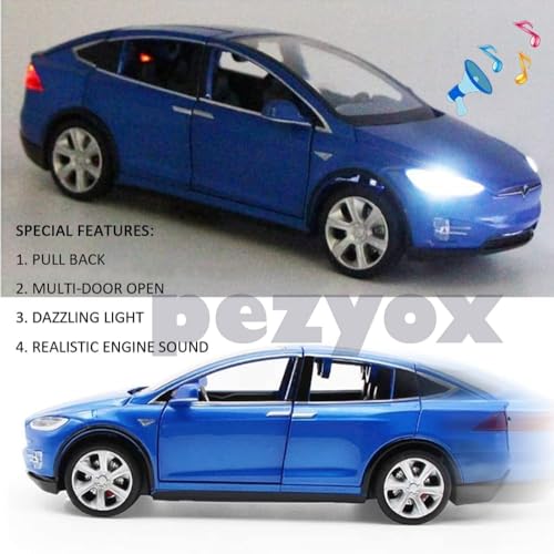 Image of 1:32 Scale Car Tesla Model X90 Alloy 1 /32 Diecast Model Car w /Sound & Light Pull Back Model Mini Vehicles Toys for Kids (Blue)