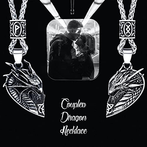 Matching Dragon Necklace Couples Viking Heart Necklace Jewelry for Men Women with Rune Beads2