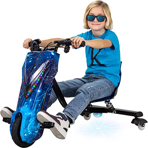 Actionbikes Motors Kinder Elektro Driftscooter | 𝟐𝟓𝟎 Watt Motor - Drift Cart 360°- 3 Geschwindigkeitsstufen - LED-Beleuchtung - Sitz verstellbar - Bluetooth - Drift Kart - Drift Auto (Space Blue)