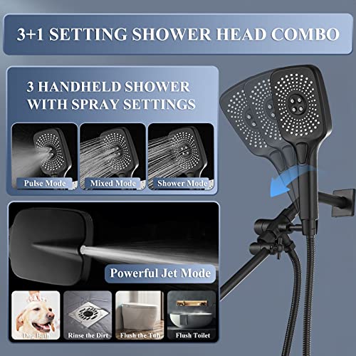 Jcrob 12 Inch Shower Head With Handheld, High-Pressure Rain/Rainfall Shower Heads With 3+1 Settings Handheld Spray, Including 3-Way Diverter, Extension Arm - Height/Angle Adjustable(Matte Black) #TOP4
