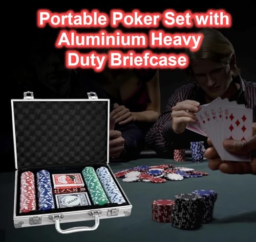 Image of GrandGlow Casino Style 200 Chips /Pcs Poker Chips Set with A Aluminum Finish Case, 2 Decks of Cards, 5 Dice, 1 Dealer Button (Classic Multiplayer Game)