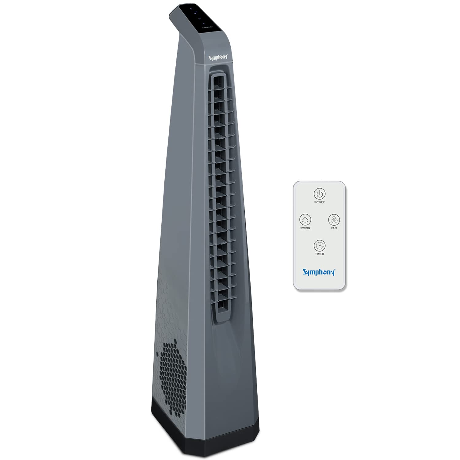 SymphonySurround-i High Speed Bladeless Technology Tower Fan for Home With Touchscreen Control Panel, Remote, and Swivel Action (Black)