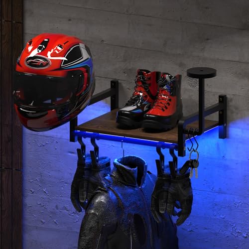 Vieshful Motorcycle Helmet Rack Wall Mount Heavy Duty Helmet Holder with RGB Light Strip Gear Display Shelf for Jackets Gloves & Motorcycle Accessories Organizer Garage & Entryway