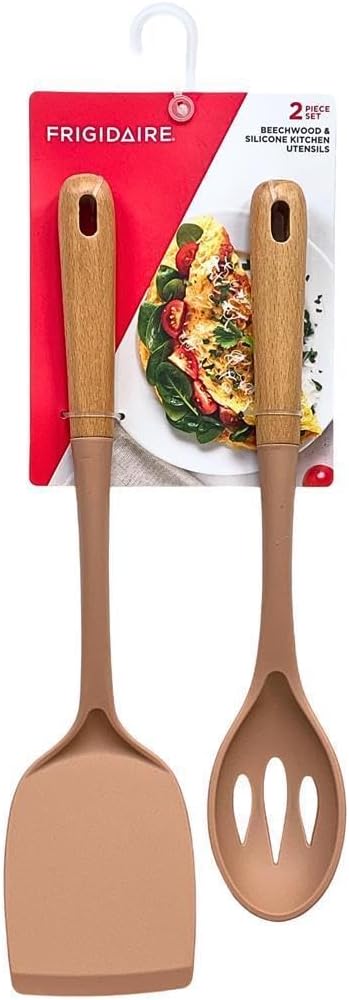2PC Beechwood and Silicone Utensil Set, Large Turner, Large Slot Spoon, Kitchen Cooking Utensils with Beechwood Handle and Silicone Head (ROSE)