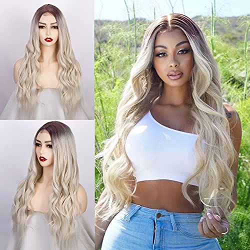 Stamped Glorious Long Wavy Synthetic Wig Ombre Platinum Blonde Wigs for Women Natural Looking Long Thick Wavy Wig For Women Heat Resistant Fiber Synthetic Wig For Daily Use （26inch）