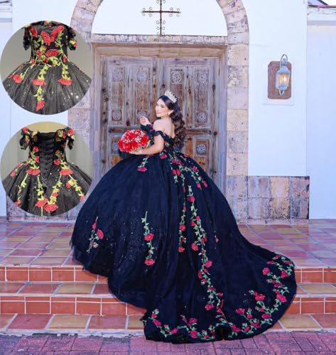 Youjiayi Sparkly Floral Quinceanera Dresses Puffy Lace Tulle Sweet 16 Dress with Train Off Shoulder Long Ball Gown2