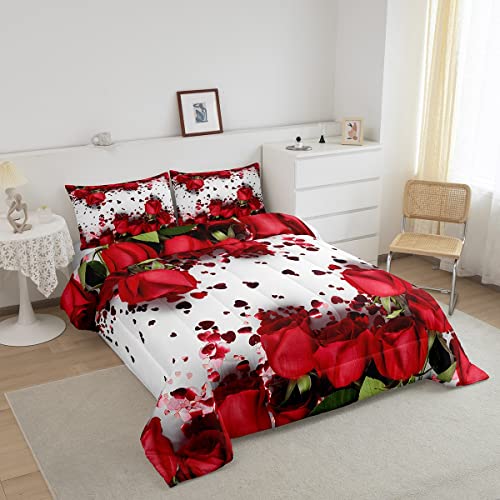 Image of Feelyou Rose Comforter Red Rose Petals Bedding Set Floral Bouquet Botanical Design Comforter Set Romantic Flowers Microfiber Duvet Set Valentine's Day Couple Lover Room Decor Quilt Set Queen Size