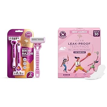 Azah Bikini Razor for Women [Pack of 2] | Hair Removal Machine for Arms, Underarms, Legs & Bikini | AZAH Sanitary Pads for Teen XXL+ [Pack of 30] | Ultra Absorbent Sanitary Pads for Teenage Girls |