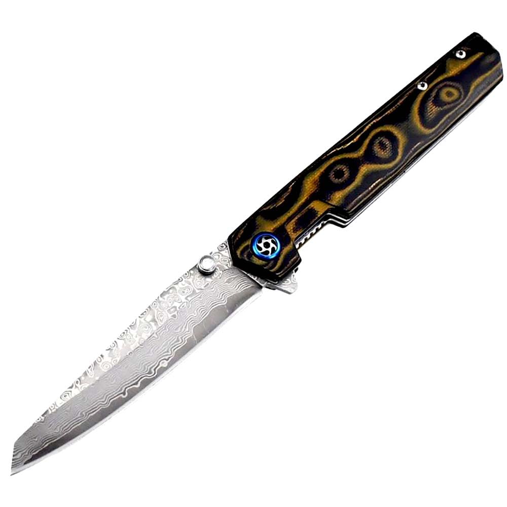 Taschenmesser Damast leicht Klappmesser Aus Damaststahl mit liner lock, Bunt G10 griff, 9.1cm Damaszener Klinge, Outdoor Edc Messer Survival Jagdmesser, Damaskus Geschmiedet, Einhandmesser, Holster