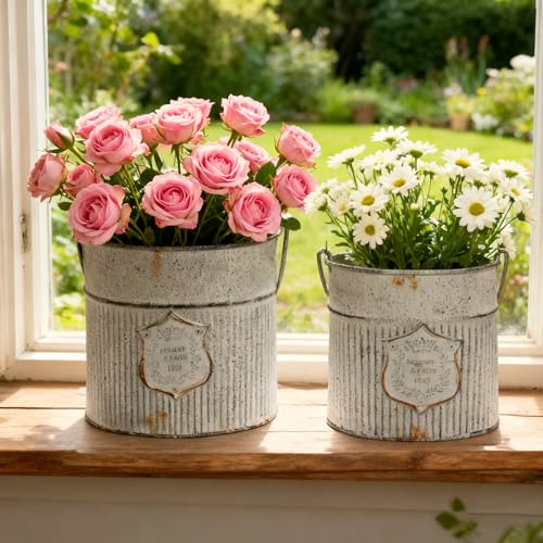 Vintage Galvanized Metal Planter Pots Set of 2, Rustic Farmhouse Flower Pots with Handles, 'Potager A Paris 1903' Decorative Planters for Indoor Outdoor Gardening, Succulents, Herbs, Home Decor