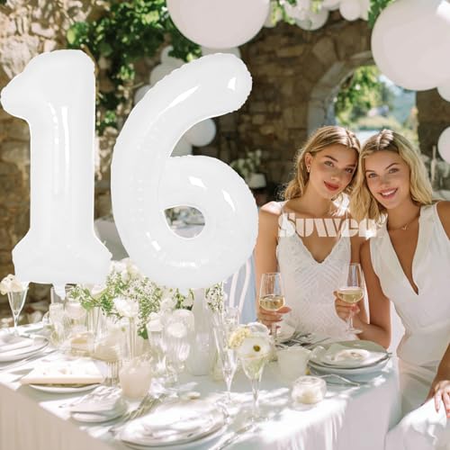 Image of SUWEN 40 Inch White Large 16 Balloon Number Big Foil Helium Numbers 0-9 | Giant Jumbo Happy 16th Birthday Party Decorations for Men or Women Huge Mylar 61 Anniversary Party Supplies