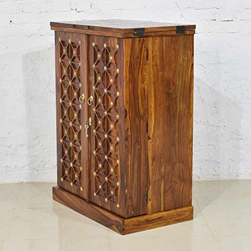 Image of Solid Sheesham Wood Bar Unit Cabinet With Storage Bottle Shelve & Built-in Glass Holder Brass Studs Drink Wine Rack Organizer For Living Room Home & Lounge Dining Cupboard Liquor Furniture