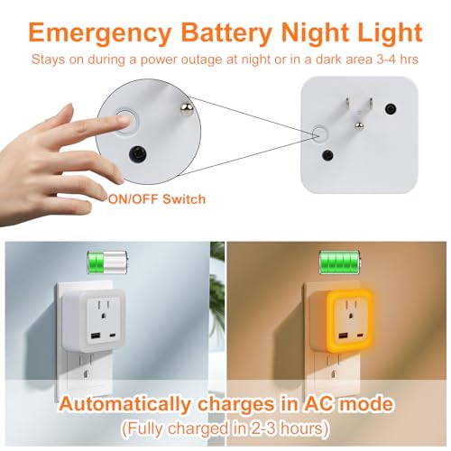 Image of JackonLux Night Lights Plug Into Wall 2 Pack Rechargeable Battery Backup Light Dusk to Dawn Sensor Night Light with Outlet Expander for Adults Kids Bedroom, Kitchen, and Bathroom (2, Amber, 2000K)