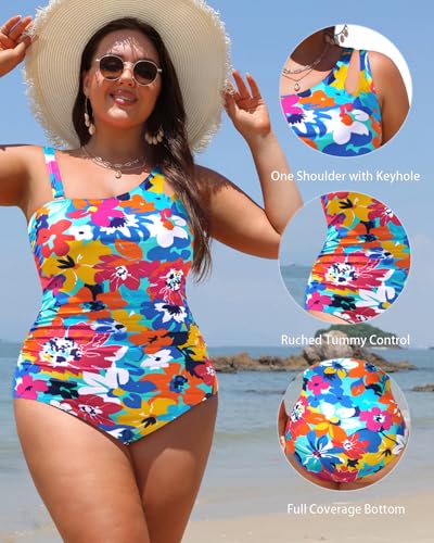 Aqua Eve Plus Size One Piece Swimsuit One Shoulder Bathing Suit Tummy Control Keyhole Swimwear4