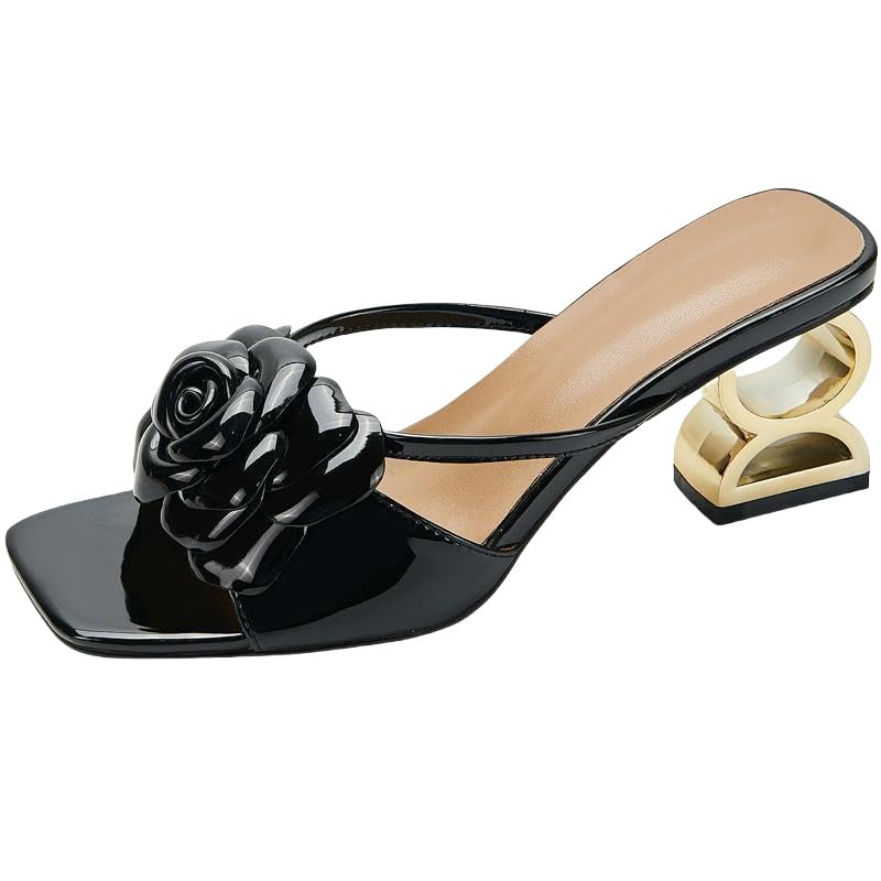 Ladies' high-heeled sandals, anti-slip and toe-exposing floral accessories, square-toed breathable slippers