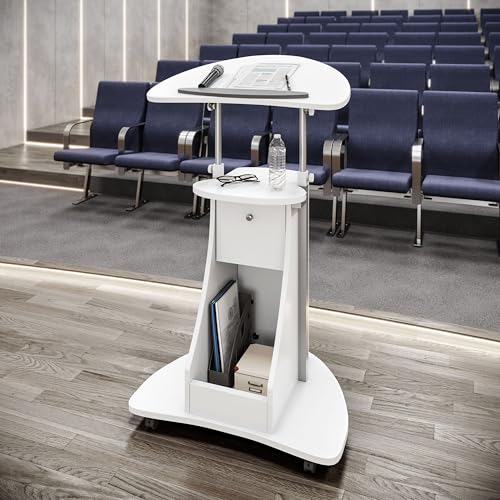 Techni Mobili Adjustable Height Rolling Laptop Cart with Storage, Sit to Stand Desk with Wheels, Podium Stand or Medical Cart, White - Thumbnail 5