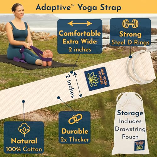 Adaptive Yoga Strap, Stretching Strap, 2 Inches Wide, 100% Naturally Soft Cotton, Steel D-Rings, Includes Natural Cotton Drawstring Storage Pouch and Instructional E-Book - Image 3