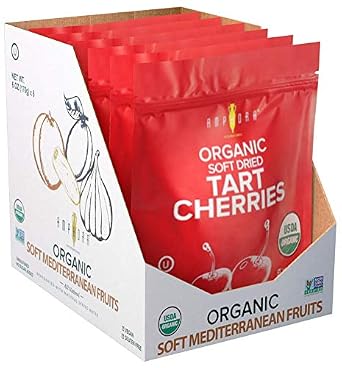 Amphora Organic Soft Dried Tart Cherries , Vegan and Gluten-Free Snack 3 oz 85gr per pouch  Case of 6 pouches