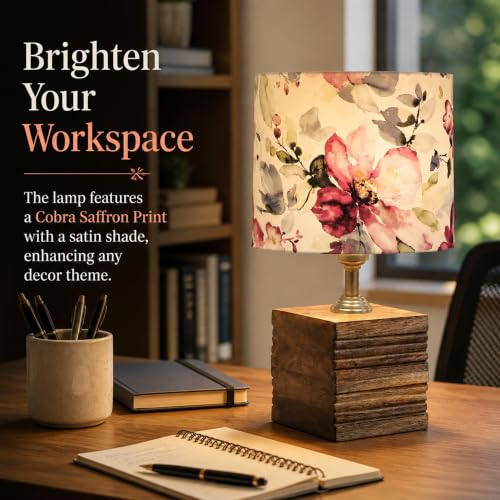 Image of tu casa Wooden Table Lamp Printed Satin Shade for Bedroom, Living Room