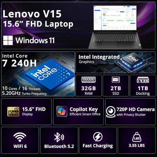Image of Lenovo V15 Gen 5 15.6 inch FHD Business Laptop, Intel Core 7 240H, Intel Graphics, 32GB DDR5, 3TB Storage(2TB SSD+1TB Docking Station Set), Numeric Keypad, 720p HD Camera, Wi-Fi 6, Windows 11, Black