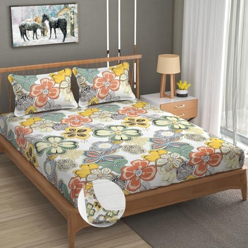 Image of Vram Premium Heavy Cotton Elastic Fitted Bedsheets with 2 King Size Pillow Covers || Double Bed with All Around Elastic 350 TC || 72 x 72 x 10 Inch King Size Fitted || :- Cream Big Flower
