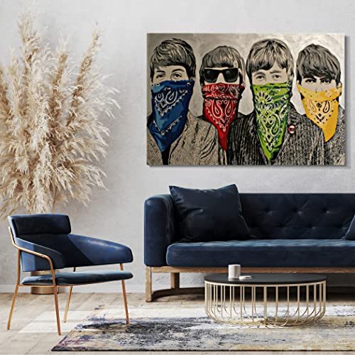 Printed Paintings Impression sur Toile (120x80cm): Banksy – La Bouche du Portrait des Beatles est - Les Beatles, Paul McCartney, John Lennon, RIngo Starr, George Harrison Printed Paintings Impression sur Toile (120x80cm): Banksy - La Bouche du Portrait des Beatles est – Image 3