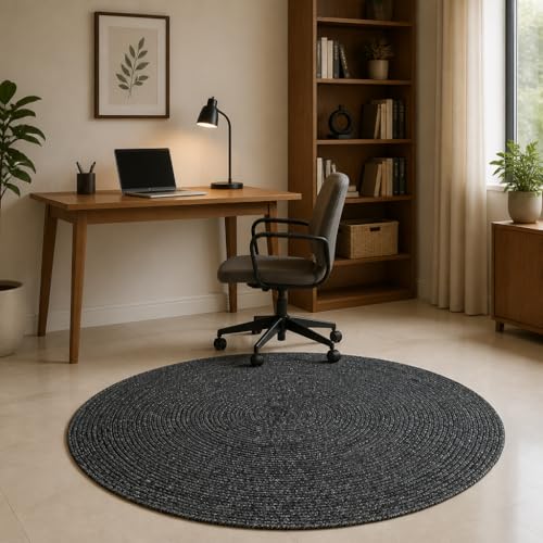 Image of Handmade Cotton Braided 4x4 feet Throw Rug - Washable, Low Pile Reversible Floor Mat for Bedroom, Kitchen, Entryway & Living Room - Eco-Friendly Woven Carpet - (Charcoal, Round)