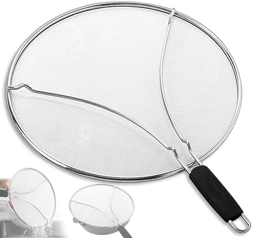 PLACHIDAY Splatter Screen for Frying Pan & Food Strainer,13 Inch Stainless Steel Grease Splatter Guard,Shield from Splashing Oil, Dishwasher Safe(Black)