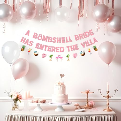 Image of A Bombshell Bride Has Entered the Villa Banner, Pre-Strung Bachelorette Party Banner with Flamingo and Palm Garland for Island Bachelorette Party Decoration and Tropical Bridal Shower