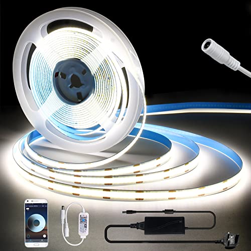 INDARUN Smart WiFi Neutral White Cob Led Strip Light 4000K DC12V 5A, Dimmable Led Strip Set with APP Control, 5m Led Tape Light Kit 320LEDs/Meter for Home Decoration