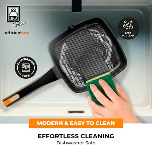 Image of BRA COOKWARE Efficient Pro Nonstick Grill Pan | 11x11 Inch Aluminum Ribbed Skillet | 3-Layer Scratch Resistant Coating Frypan | PFOA Free | All Cooktops Compatible Grilling Pan | HeatResistant Handle