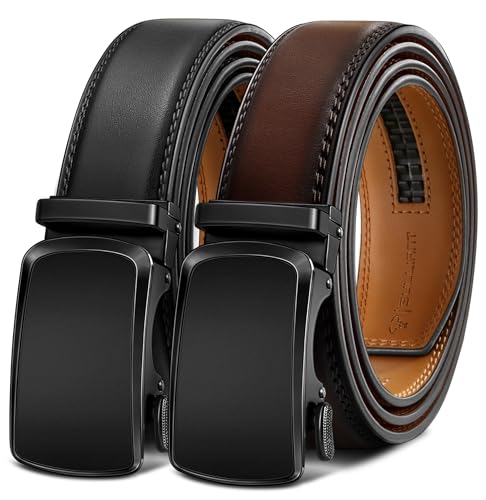 BULLIANT Men's Ratchet Belt 2 Pack-Click Leather Belt Adjustable for Men Gift 1 3/8-Cut for Perfect Fit(Black/Deep Brown,38"-44" Waist Adjustable)