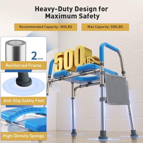 Image of WHLICKS 500lbs Toilet Seat Risers with Handles, Padded Raised Toilet Seat for Seniors, Adjustable Height Toilet Riser, Handicap Elevated Seat, Fit Any Toilet, Blue