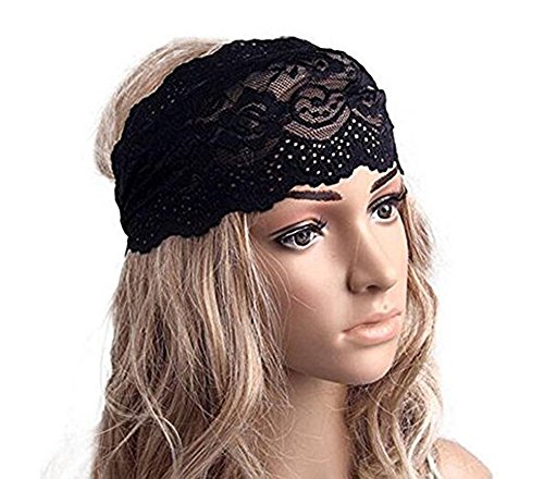 1PC Black Elastic Fashion Hairband Headwear Nonslip Hair Band Sport Yoga Lace Wide Headband Turban Bohemian Headscarf Wrap Hair Accessories For Women Girls