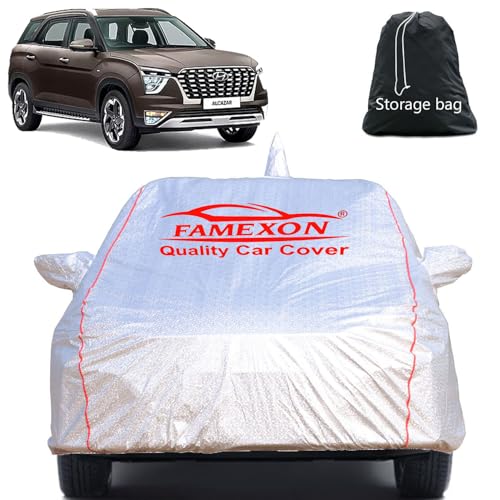 Image of Full Body Car Cover for Hyundai Alcazar with Mirror and Antena Pocket Triple Stiched(Silver with Red Piping)