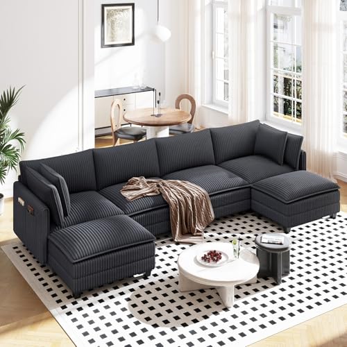 Image of Vesgantti 143 inch U Shaped Sectional Modular Couch, Comfy Corduroy Upholstered Modular Cloud Sofas for Living Room, Modern Sectional Sofa with 2 Ottoman Deep Seat, Dark Grey