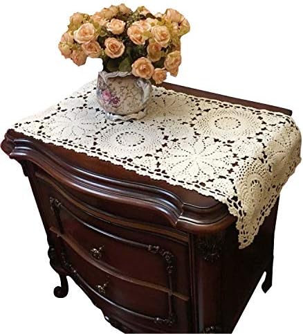 USTIDE Floral Crochet Table Runner 15X27inches, 2PC Beige Cotton Table Doilies for Dressers and End Tables,Crochet Table Placemats Nightstand Runner