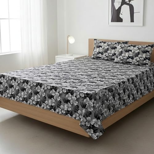 Image of 100% Cotton Feel Double Bed Bedsheet Set | 240 TC Soft & Breathable | Mint Green White Flower Print with 2 Pillow Covers | Wrinkle Free | for Bedroom (90 x 100 Inches) (Grey)