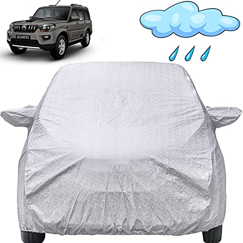 Image of Autofact Waterproof Car Body Cover Compatible with Mahindra Scorpio (2002 to 2021) with Mirror Pockets (Shinning Silver)
