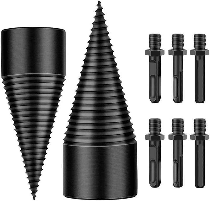 8Pcs Firewood Log Splitter Drill Bit Set Removable Wood Splitting Drill Bit, 32MM+42MM Heavy Duty Screw Cone Driver Wood Splitter for Electric Drills with Round + Square + Hex Shank