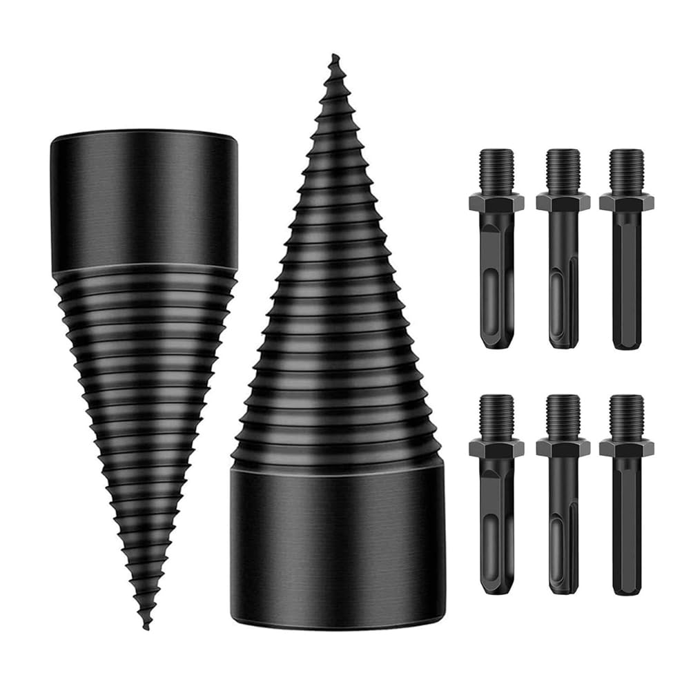 8Pcs Firewood Log Splitter Drill Bit Set Removable Wood Splitting Drill Bit, 32MM+42MM Heavy Duty Screw Cone Driver Wood Splitter for Electric Drills with Round + Square + Hex Shank