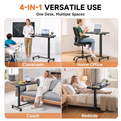 Image of GTPLAYER Small Standing Desk with Lockable Wheels, Pneumatic Mobile Rolling Laptop Desk,Adjustable Height Overbed Bedside Table Computer Workstation for Home Office (28 inch W x 16 inch D, Black)