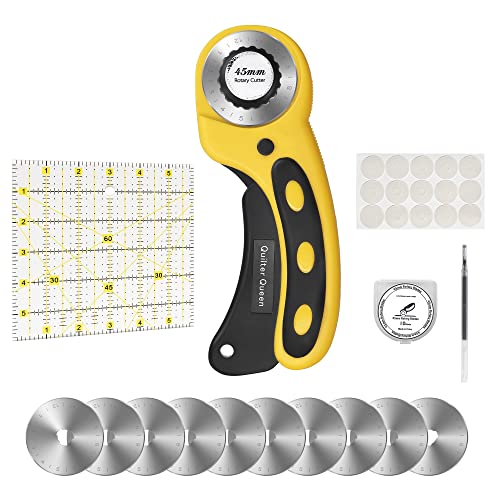 Quilter Queen 45mm Rotary Cutter - Fabric Cutter with 10 SKS-7 Wheel Blades, Reusable Air Eraser Pen, Anti-Slip Pads and Ruler - Ergonomic Sewing and Cutting Kit for Paper, Fabric, and Leather