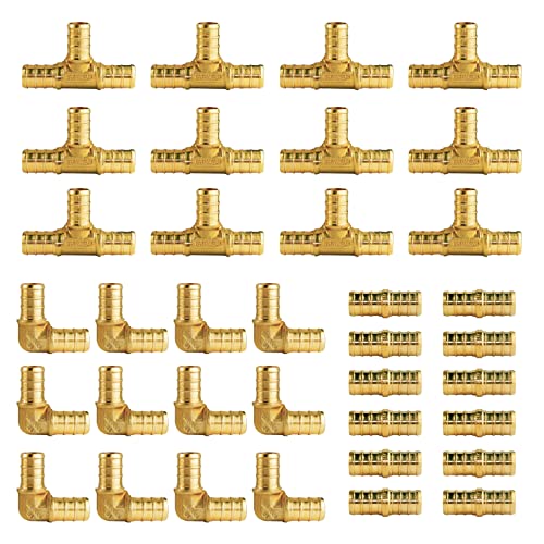WiseWater 36 Pcs Pex Fittings, 1/2 inch T PEX Tee(12PCS) & 90 Degree Elbow & Straight Coupling, Brass Barb Crimp Pipe Fitting for Pex Pipe(Pack of 36), UPC Certified