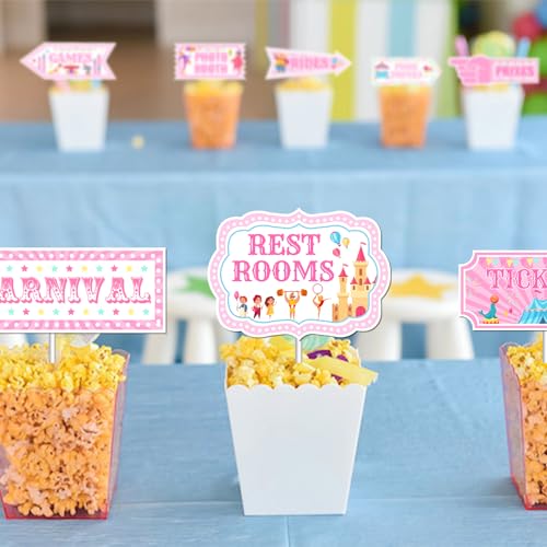 20Pcs Circus Carnival Party Directional Signs Pink, Circus Carnival Signs, Circus Tent Porch Sign, Carnival Yard Sign for Kids Indoor Outside Carnival Party Supplies