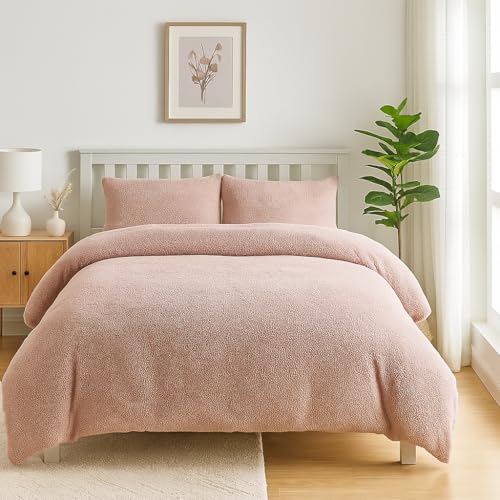 BURAKH Single Duvet Cover Set with Pillowcase Teddy Fleece Blush Pink 135x200cm Soft Warm Bedding Set for Winter Cozy Fluffy Fleece Duvet Cover and Pillow Case (Single (135x200cm))